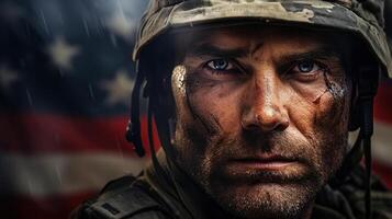 ai generiert Patriot Tag. schmutzig verwundet Soldat im Uniform und Helm auf Hintergrund von amerikanisch Flagge foto