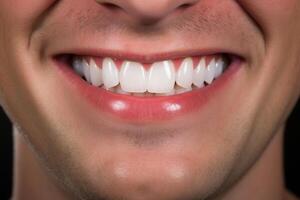 ai generiert Vorderseite Aussicht von unkenntlich kaukasisch Mann lächeln, Nahansicht von Weiß Zähne und frisch Atem. Oral Hygiene und Zahnarzt Dienstleistungen Konzept foto