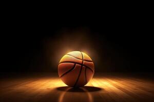 ai generiert Basketball Orange Ball auf hölzern Fußboden von dunkel Sport Boden, beleuchtet durch Scheinwerfer foto