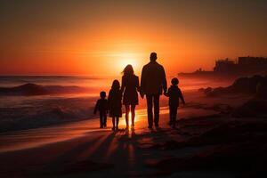 ai generiert Silhouette von ein Familie zusammen halten Hände Gehen entlang das Strand durch das Meer beim Sonnenuntergang, zurück Aussicht foto