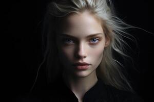 ai generiert Zeitschrift Mode sinnlich Frau Porträt, schön kaukasisch jung Frau Modell- blond mit sauber Haut suchen beim Kamera auf schwarz Hintergrund foto