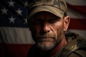 ai generiert Patriot Tag Konzept. Porträt von ernst Stern Senior männlich Soldat auf Hintergrund von amerikanisch Flagge, Erwachsene Mann Veteran im Militär- Uniform suchen beim Kamera foto
