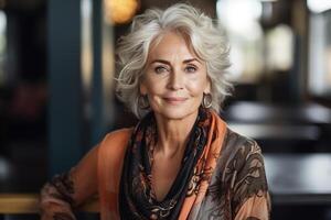 ai generiert Porträt stilvoll elegant reifen Mitte alt Frau posieren drinnen im Cafe oder Restaurant, süß lächelnd unheimlich Dame mit grau Haar suchen beim Kamera foto
