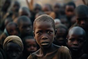 ai generiert global Problem von Hunger und Armut Konzept. Porträt Gruppe von afrikanisch hungrig und Arm Kinder suchen beim Kamera draußen foto