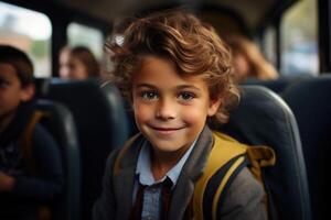 ai generiert Porträt von gut aussehend lächelnd Schüler im Bus, Junge im Jacke und Krawatte mit Rucksack gehen zu Schule. zurück zu Schule, Bildung Konzept foto