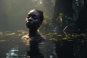 ai generiert afrikanisch amerikanisch Frau im Wasser im wild Wald Teich im Natur suchen beim Kamera, Weiblichkeit Porträt im niedrig Schlüssel foto