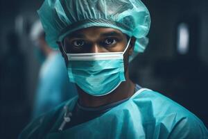 ai generiert afrikanisch amerikanisch Arzt im Krankenhaus, Porträt von ein männlich der Chirurg im ein medizinisch Maske im Betriebs Zimmer foto