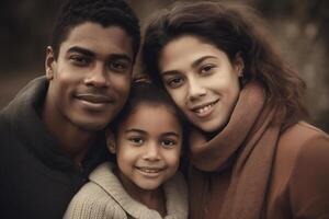 ai generiert schön glücklich liebend Familie, Porträt von lächelnd Papa und Mama mit Tochter draußen foto