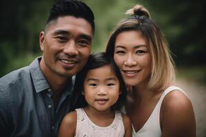 ai generiert glücklich asiatisch Familie, Papa und Mama mit Tochter draußen foto