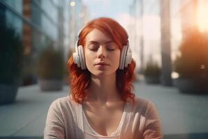ai generiert meditieren jung Frau im Kopfhörer auf das Straße auf ein sonnig Tag, Porträt von ein süß rothaarig Frau Hören zu Musik- mit geschlossen Augen draußen foto