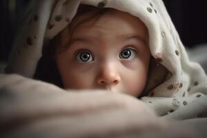 ai generiert komisch süß kaukasisch Baby unter Decke im Bett. Porträt von ziemlich wenig Neugeborene Kind suchen beim Kamera, Nahansicht von Gesicht mit Augen foto