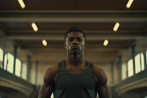 ai generiert zuversichtlich konzentriert konzentriert schwarz Athlet im Fitnessstudio foto