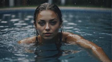 ai generiert Porträt von ein ziemlich Mädchen im das Schwimmbad, nass Porträt, nass gir im das Schwimmbad, Frau ist Schwimmen im das Schwimmbad foto