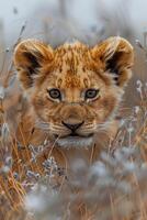 ai generiert majestätisch Löwe Jungtier Blick im das golden Savanne beim Dämmerung. generativ ai foto
