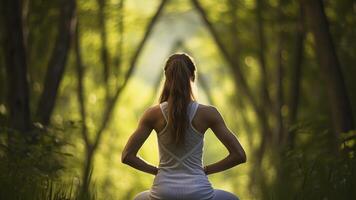 ai generiert ziemlich jung Frau tun Yoga im das Natur, Yoga Zeit im das Natur, Frau entspannend im das Natur, ziemlich Frau tun Yoga Übung foto