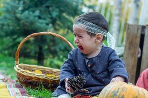 das wenig Kind spielen im das Park mit Früchte, wenig Mädchen im das Herbst Park foto