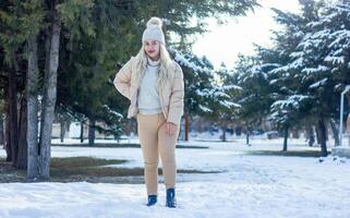 Porträt von ein Frau im ein Park, Porträt von ein Frau im Winter Park, Porträt von ein blond Frau foto