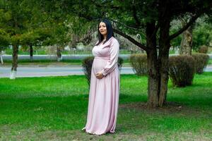 das schwanger Frau im das Park, schön Frau im das Park, schwanger Frau im Frühling foto