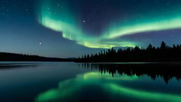 ai generiert schön Ansichten von das See beim Nacht und das Schönheit von das Himmel mit das Licht von das Aurora foto