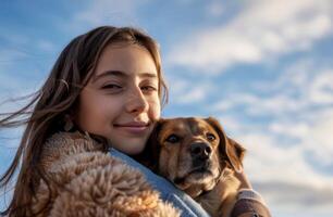 ai generiert ein jung Frau hält ein Hund draußen, leidenschaftlich Kuss Bild foto