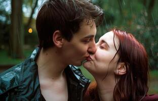 ai generiert ein Paar küssen das Regen im ein Park Einstellung, leidenschaftlich Kuss Bild foto