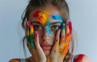 ai generiert ein Mädchen Abdeckung Hände mit Farbe im ein bunt künstlerisch Moment, kreativ Welt Kunst Bild foto