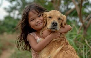 ai generiert wenig Mädchen Umarmungen golden Retriever Hund draußen, International küssen Tag Bild foto