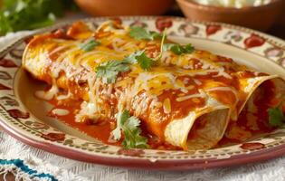 ai generiert Teller von Enchiladas mit Käse und Soße bereit zu essen, Mexikaner Essen Hintergrund Bild foto