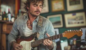 ai generiert ein Mann spielen Musik- auf seine Gitarre mit Leidenschaft und Freude, Welt Kunst Tag Bild foto