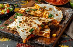 ai generiert Quesadilla auf hölzern Planke, lecker Mexikaner Gericht Bild foto