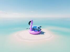 Rosa Flamingo schweben mit Koffer auf ein abgelegen Sandbank foto