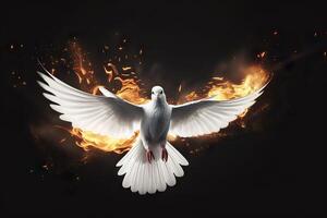 ai generiert fliegend Weiß Taube mit feurig glühen auf ein dunkel Hintergrund, verkörpern Frieden und das Geschenke von das heilig Geist. erstellt mit generativ ai foto