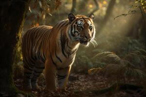 ai generiert majestätisch Tiger Stehen immer noch im das Wald. erstellt mit generativ ai foto