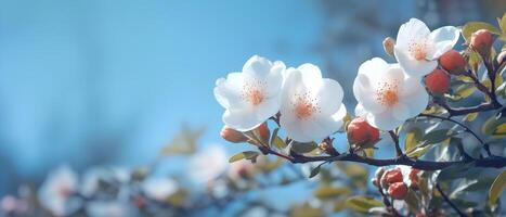 ai generiert Frühling Schönheit Blühen Rose Busch Rand auf Blau Hintergrund. erstellt mit generativ ai foto