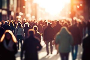 ai generiert dynamisch städtisch Leben verschwommen Menge im Schnell - bewegend Stadt Straßen mit Sanft Bokeh. erstellt mit generativ ai foto