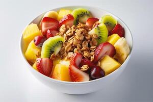 ai generiert gesund Frühstück Schüssel mit frisch Obst und Haferflocken auf Weiß Hintergrund foto