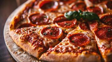 ai generiert Pizza mit Salami und Mozzarella Käse auf hölzern Hintergrund foto
