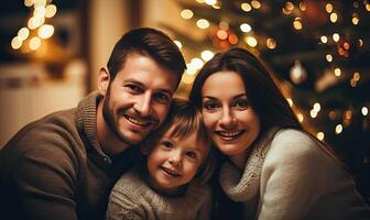 ai generiert ein froh Familie Feier im Vorderseite von ein festlich Weihnachten Baum foto