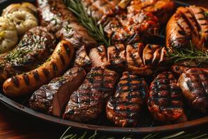 ai generiert gegrillt Würste mit Saucen auf hölzern Tisch, Nahansicht foto