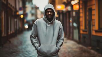ai generiert Porträt von ein jung Afroamerikaner Mann im ein mit Kapuze Sweatshirt auf ein Stadt Straße. foto