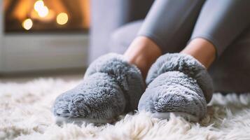 ai generiert Frau tragen warm Hausschuhe beim heim, Nahaufnahme. Winter Mode foto