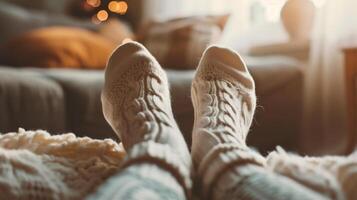 ai generiert Füße von jung Frau im warm Socken beim heim, Nahansicht foto