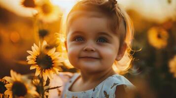 ai generiert Porträt von ein schön wenig Mädchen im ein Feld von Sonnenblumen foto