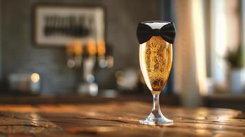 ai generiert Champagner Glas mit Bogen Krawatte auf hölzern Tabelle im Cafe, Nahansicht foto