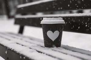 ai generiert Kaffee Tasse mit Herz auf ein Bank im Winter, schwarz und Weiß foto