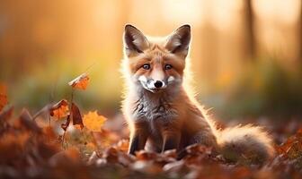 ai generiert ein majestätisch rot Fuchs faulenzen unter Herbst Blätter foto