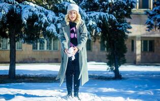 Porträt von ein Frau im ein Park, Porträt von ein Frau im Winter Park, Porträt von ein blond Frau, Frau im Hut foto