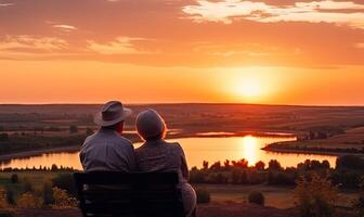 ai generiert zwei Menschen genießen ein heiter Sonnenuntergang auf ein Park Bank foto