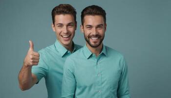 ai generiert zwei glücklich Männer im passend blaugrün Hemden geben ein Daumen hoch. verschwommen Hintergrund verbessert Fokus. foto