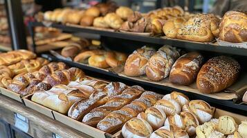 ai generiert bunt Sortiment von handwerklich Brot Brote beim ein Bäckerei foto